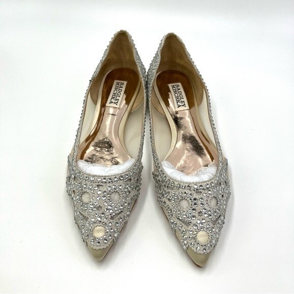 Badgley Mischka BHLDN Size‎ 6.5 Gigi Point Toe Jeweled Ivory Ballet Flats Shoes - Picture 4 of 15